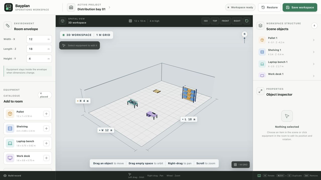 Bayplan desktop editor showing the room, catalogue, three-dimensional canvas, scene list and inspector