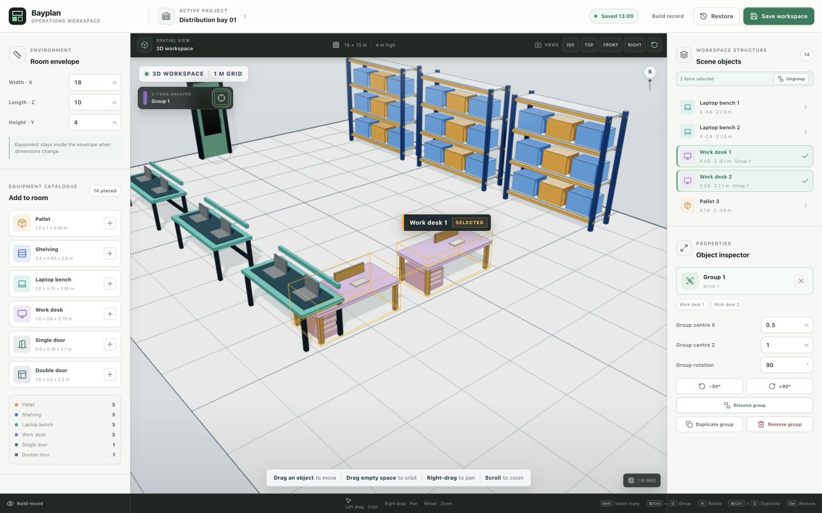 Bayplan showing two work desks selected as Group 1 with shared movement and rotation controls