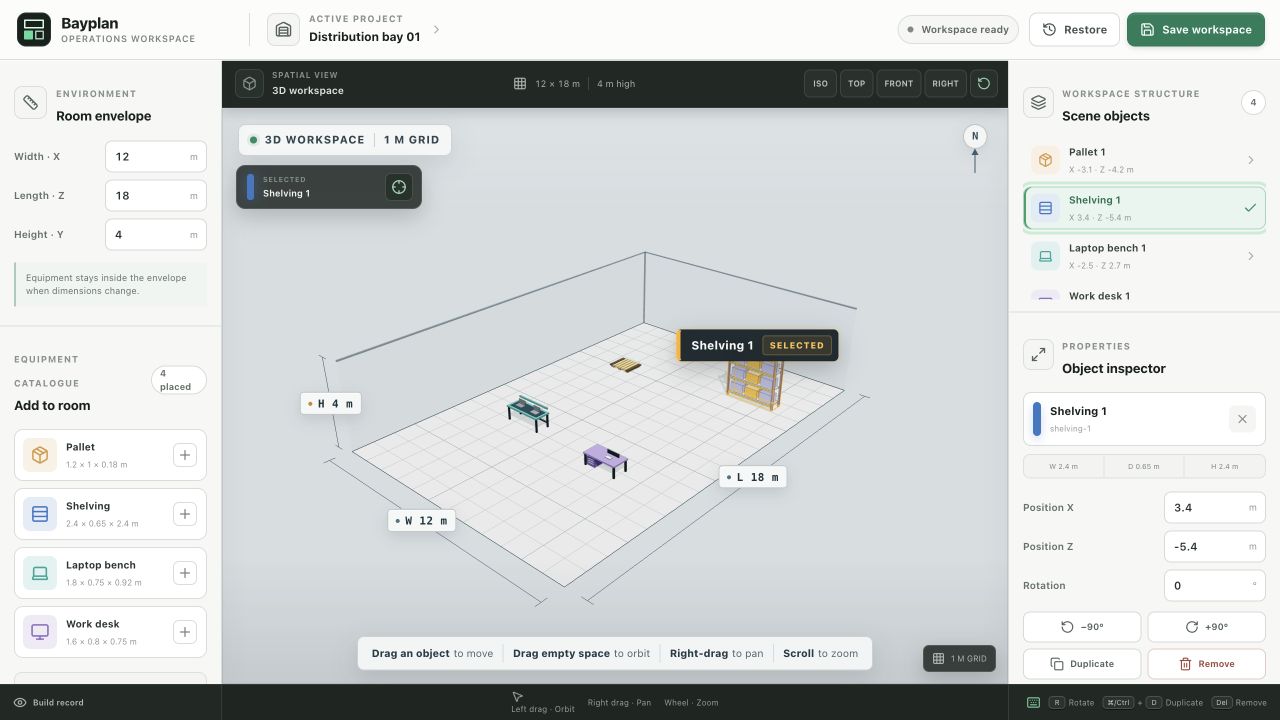 Bayplan isometric view with a selected warehouse object repeated in the viewport and inspector