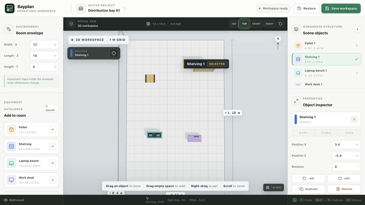 Bayplan top camera preset showing the measured warehouse floor grid