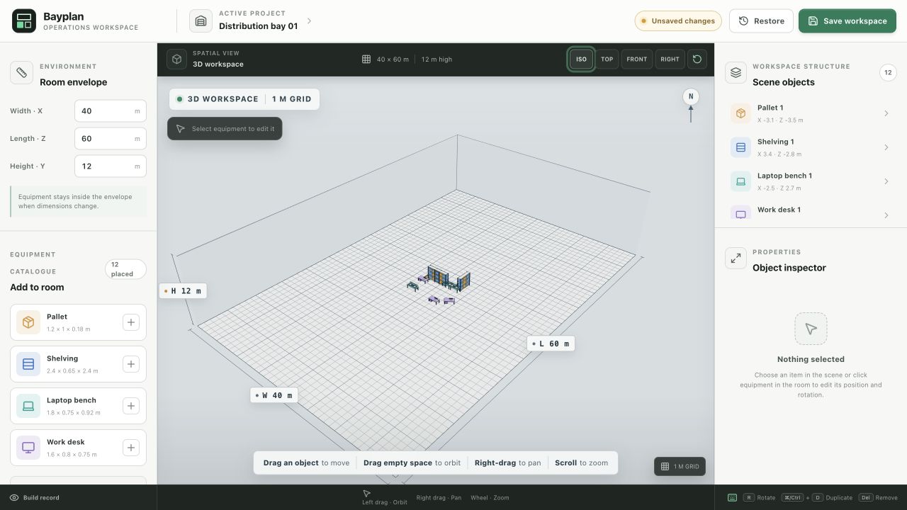 Viewport recheck showing the usable 40 by 60 by 12 metre isometric view