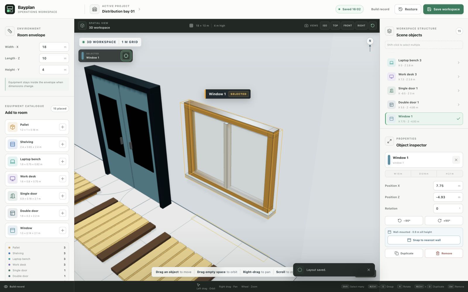 Bayplan close-up of a selected glazed wall window beside a double door with wall placement controls visible